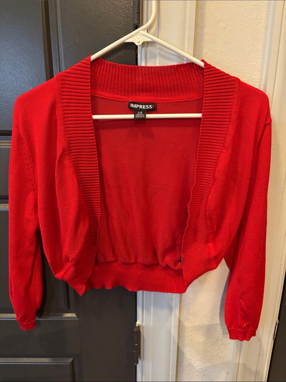 IMPRESS Red Cropped Open-Front Shrug with Ribbed Trim